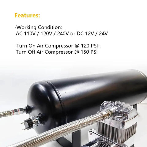 Tank Mount Air Pressure Switch for 120 to 150 PSI with 1/4 NPT threads, DC 12/24V, up to 20A, compressor setup side view
