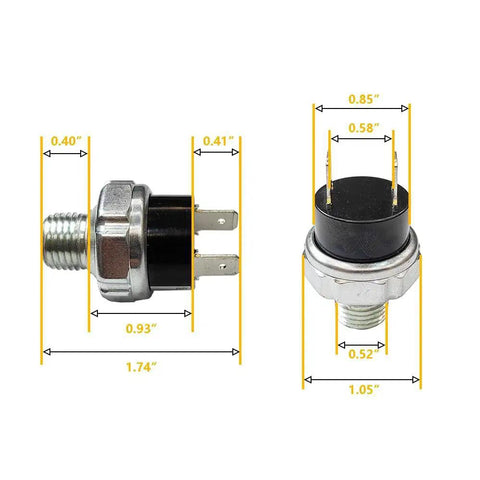 Tank Mount Air Pressure Switch for 120 to 150 PSI with 1/4 NPT threads, DC 12/24V, up to 20A shown with dimensions, side view