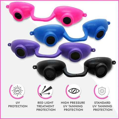 4 Pack Tanning Goggles For Indoor Tanning And Red Light Therapy UV Glasses in pink, blue, purple, black with protection icons.