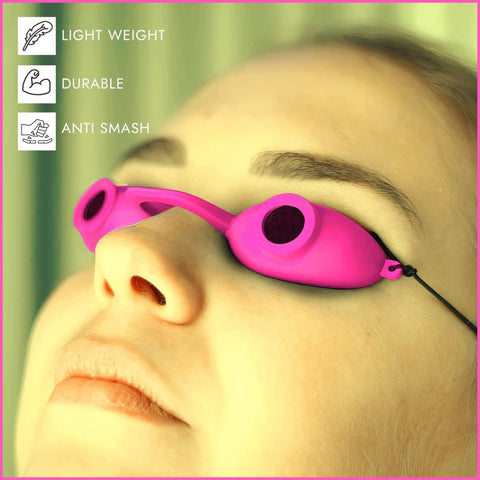 Close-up of 4 Pack Tanning Goggles For Indoor Tanning And Red Light Therapy UV Glasses in pink on a person's face, highlighting lightweight and durable design.