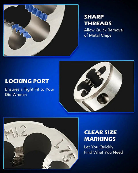 Detailed view of die components from All In One 80 Piece Tap And Die Set For Internal And External Threading, SAE And Metric Sizes.