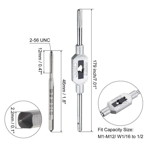 Adjustable Tap Wrench And 2-56 UNC Machine Taps Kit Includes M1 M12 Tap Wrench Handle Pro Grade High Speed Steel Taps 3Pc Set For Threading Tapping Reaming Drilling And Milling; dimensions and fit sizes are displayed.