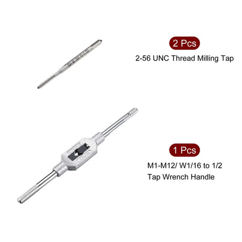 Adjustable Tap Wrench And 2-56 UNC Machine Taps Kit Includes M1 M12 Tap Wrench Handle Pro Grade High Speed Steel Taps 3Pc Set