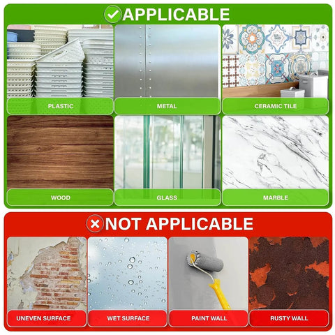 Chart showing surfaces for Ultra Strong Double Sided Tape For Wall Mounting, Clear Nano Adhesive; applicable: plastic, metal, tile, wood, glass, marble; not applicable: uneven, wet, paint, rusty surfaces.