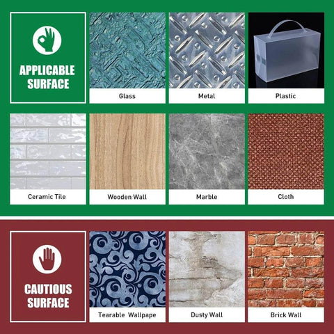 Visual guide of surfaces for Heavy Duty Clear Double Sided Tape, Half Inch By Ten Feet Acrylic Mounting Tape With Serious Grip usage.