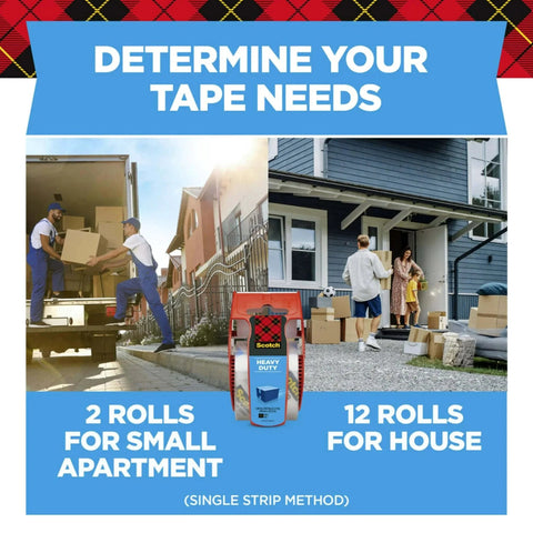 Image showing moving scenarios with 'Scotch Heavy Duty Packing Tape Clear 1.88 In X 22.2 Yd With Dispenser 6 Roll Pack For Moving Boxes And Packaging' in center.