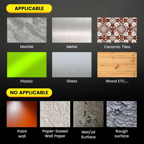 Image showing surfaces applicable and not applicable for Three Pack Heavy Duty Double Sided Tape 3cm Wide Nano Mounting Tape Clear Removable.
