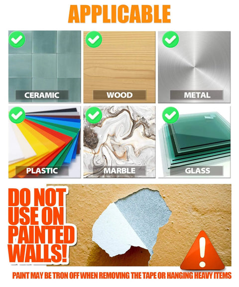 Image showing surfaces suitable for heavy duty double sided tape: ceramic, wood, metal, plastic, marble, glass. Warning for painted walls.