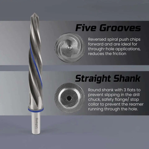 Close-up of Heavy Duty 4 Piece Pro Grade Taper Reamer Set showing five grooves and straight shank features for metal holes.
