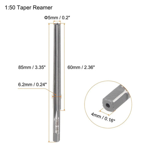 1 To 50 Taper Reamer With 5mm Small Diameter And 6.2mm Large Diameter High Speed Steel Slope Pin Reamer For CNC Metalworking Straight Flute Tool Shop Ready 60mm Flute Length 4mm Square Shank 85mm Overall Length Six Flutes Harfington, front view showing dimensions.