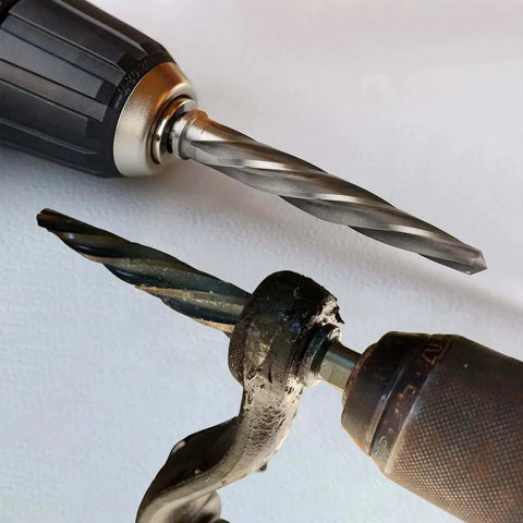 Heavy Duty 4 Piece Pro Grade Taper Reamer Set for metal and steel holes, showing M2 HSS reamer installed in drill