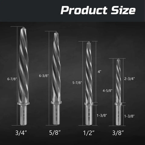 Heavy Duty 4 Piece Pro Grade Taper Reamer Set For Metal And Steel Holes, sizes 3/8 to 3/4 inch, shown with measurements