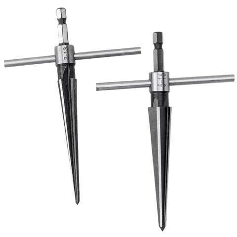 Two Piece T Handle Taper Reamer Set For Bridge Pin Holes Pro Grade With Six Fluted Chamfer Reamers For Woodworking One Eighth To One Half Inch And Three Sixteenth To Five Eighth Inch Eyech