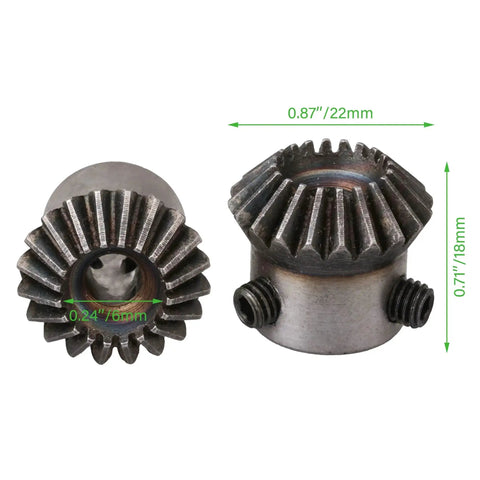 Tapered Bevel Gear Wheels 6mm 1 Modulus 20T Set For Hardware, steel construction, 6mm bore, 20 teeth, front and side view