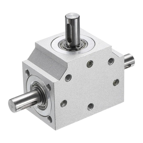 Tapered Bevel Gear Box 1 To 1 Triple Output Shaft 8mm 20 Tooth Right Angle Drive, metal construction, close-up view.