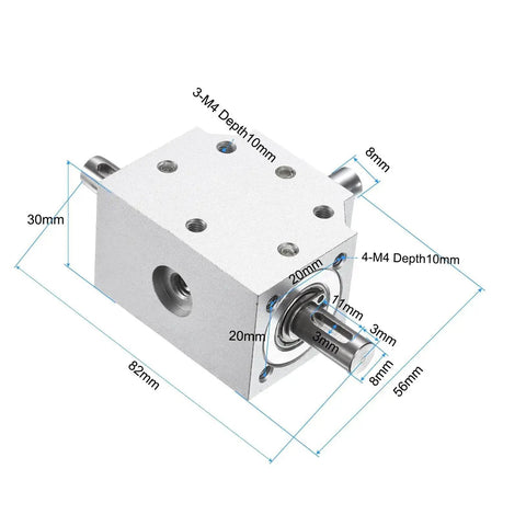 Tapered Bevel Gear Box 1 To 1 Triple Output Shaft 8mm 20 Tooth Right Angle Drive, aluminum casing with dimensions marked.