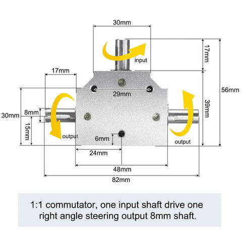 Diagram of Tapered Bevel Gear Box 1 To 1 Triple Output Shaft 8mm 20 Tooth Right Angle Drive with dimensions.