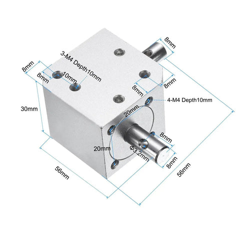 Tapered Bevel Gear Box 1to1 With Right Angle Drive Shafts 8mm 20 Teeth For Diy, aluminum frame, dimensions labeled.