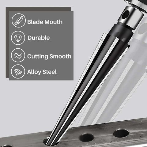 Close-up of Tapered Reamer Set With T Handle For Guitar Making And Woodworking, 3-13mm, highlighting blade mouth and durability.