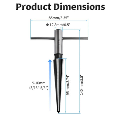 Front view of T Handle Tapered Reamer Five To Sixteen Millimeter Multi Fluted Chamfer Reaming Tool with dimensions