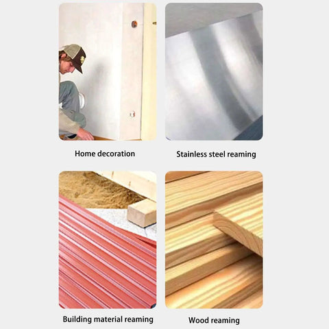 Four images showing uses: Home decoration, stainless steel, building material with red surface, wood reaming applications.