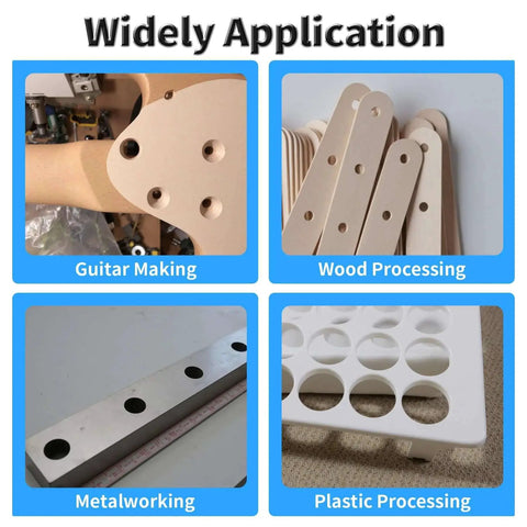 Applications of Pro Grade T Handle Tapered Reamer Kit in guitar making, wood, metal, and plastic processing, showing hole chamfering examples