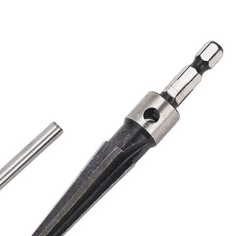 Close-up of a Pro Grade Tapered Reamer Set with T Handle, showcasing six fluted chamfer deburring reamers for woodworking and metal alloy.
