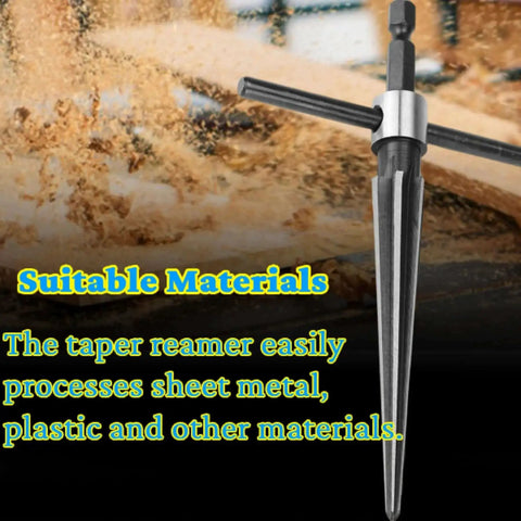 Pro Grade Tapered Reamer Set With T Handle One Eighth To One Half Inch showing tapered design and suitability for metal and plastic.