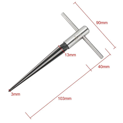 2 Pack Tapered Reamer T Handle 6 Fluted Chamfer Bridge Pin Hole Handheld Reamer Set for Quick Deburring, showing size measurements.