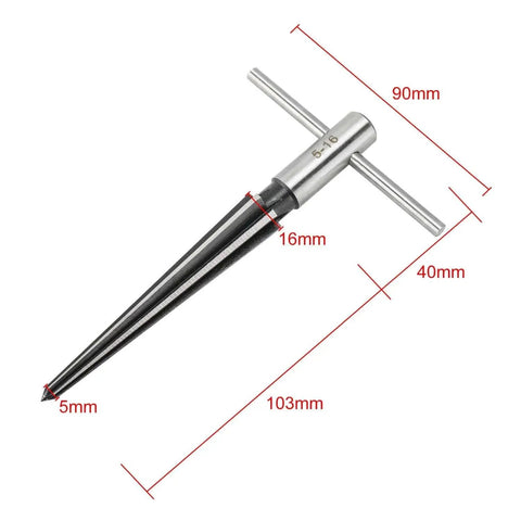 2 Pack Tapered Reamer T Handle 6 Fluted Chamfer Bridge Pin Hole Handheld Reamer Set with size measurements in millimeters