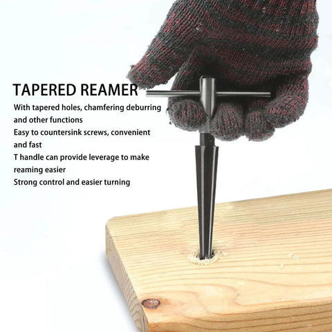 Pro Grade Tapered Reamer Set With T Handle in use on wood, demonstrating chamfering function and precision control.