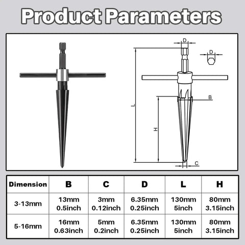 Diagram of Tapered Reamer Set With T Handle For Guitar Making And Woodworking, showing dimensions and hex shank details.