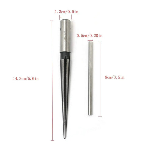 Heavy Duty Workhorse T Handle Tapered Reamer Tool With Six Flutes For Bridge Pin Hole Reaming, shown with size measurements.