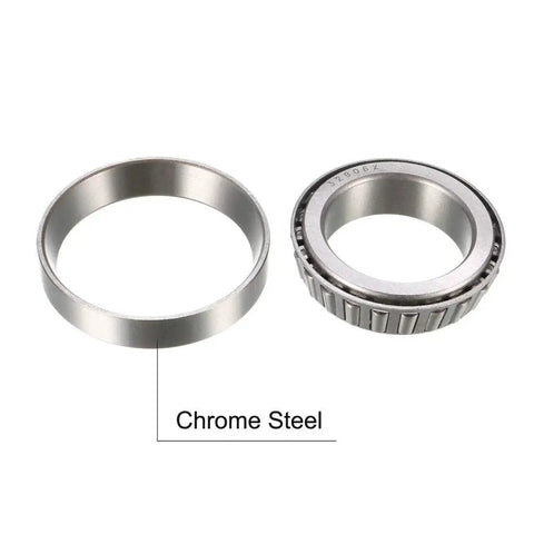 Set of two tapered roller bearing cones and cups, 30mm bore, 47mm outer diameter, 12mm width, chrome steel components.