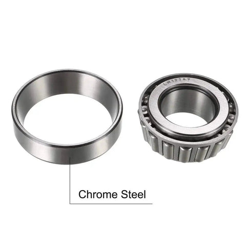 Single Row Tapered Roller Bearing Cone and Cup Set, chrome steel, front view showcasing bore and OD specs for machinery use.