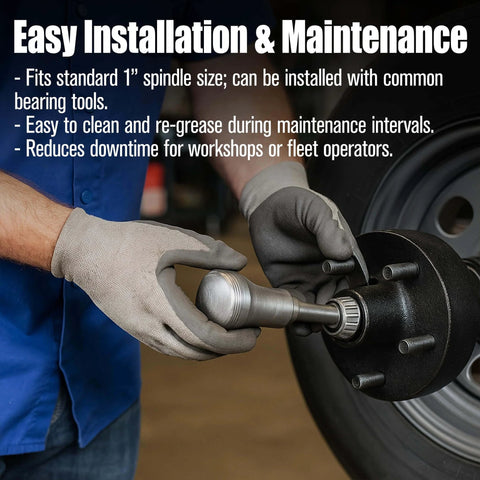 Mechanic installing L44643/L44610 Tapered Roller Bearing Cone and Cup, 1.0000" Bore x 1.9800" OD x 0.5906" Thick Chrome Steel Taper Set on trailer wheel.