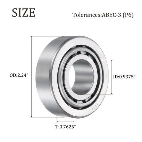 High load chrome steel tapered roller bearing cone and cup set provides reliable, smooth operation for heavy duty use, ABEC 3, size diagram