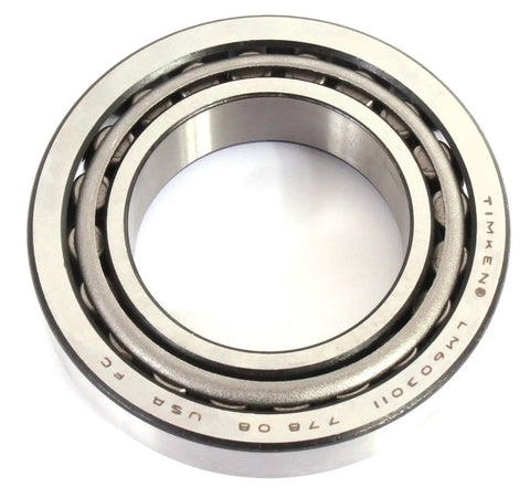 Two piece cone and cup tapered roller bearing set LM603049 LM603011 shown in a side view orientation.