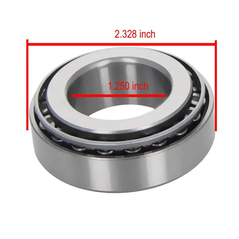Close-up of LM67048 LM67010, ID 1.250" x OD 2.328" SET6 Tapered Roller Bearings, showing dimensions on metal bearings