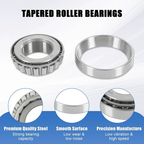 Tapered roller bearings with smooth steel surface for Trailer Hub Bearings Kit For One Inch 2000 Lb Trailer Axles L44643 L44610 Bearings with 12192TB seals dust covers and cotter pins four bearings two seals two dust covers ideal for boat and utility trailers durable construction.
