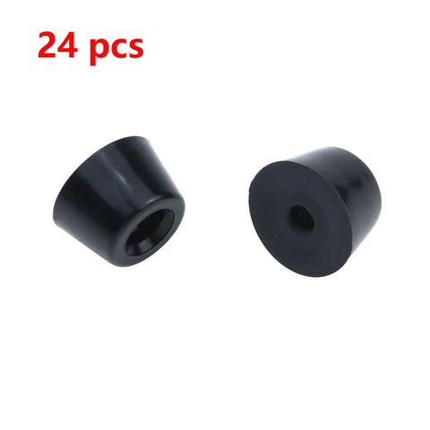 Two black 24 Pack Tapered Rubber Feet Bumpers Pads With Washers And Screws, 1 inch bottom diameter, 0.59 inch height, shown.