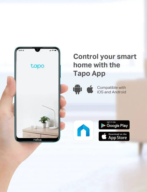 Hand holding smartphone displaying Tapo app for smart home control, compatible with iOS and Android, with app store icons visible.
