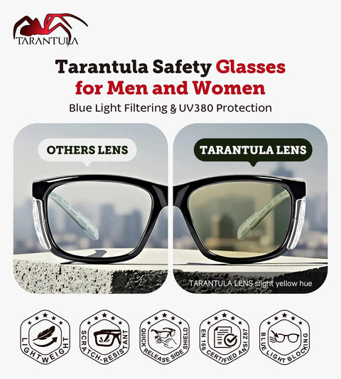 Comparison of Tarantula Z87.1 Safety Glasses Anti Fog Blue Light Blocking With Removable Side Shields and standard glasses