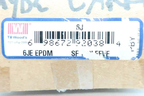 Close-up of a TB Woods box label for Sure-Flex Plus Sleeve For 6J Industrial Shaft Cover, showing barcode and product code 6JE EPDM.