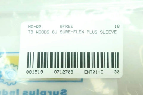 Label of TB Woods 6J Sure-Flex Plus Sleeve For 6J Industrial Shaft Cover in clear packaging, showing barcode and product details.