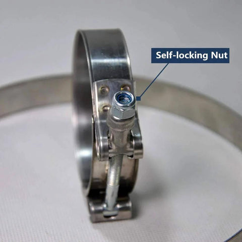 Close-up of TBolt Hose Clamp Heavy Duty Adjustable Clip For 3 Inch Hose ID Stainless Steel Bolt Band Floating Bridge Nylon Insert Locknut 72mm To 80mm 2 Pack Ideal For Automotive Marine Industrial Tools And HVAC Use With High Tensile Strength And Corrosion Resistance showing self-locking nut.