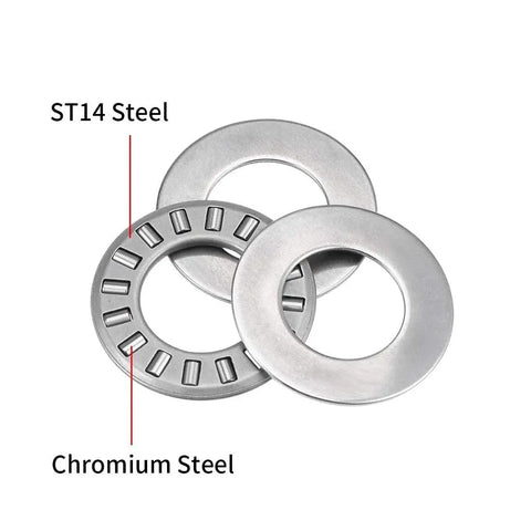 TC815 Thrust Needle Roller Bearing With Washers for Beefy Heavy Duty Linear Motion, shown disassembled, highlighting ST14 and Chromium Steel components.