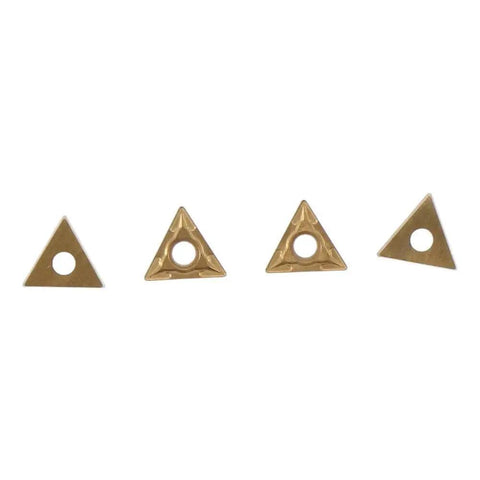 20Pcs TCMT110204 US735 Triangle Carbide Inserts tin-coated, shown front view, suitable for aluminum, steel, and stainless steel cutting.