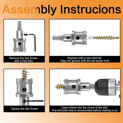 Assembly instructions for 2-Pack 3/4 Inch Tungsten Carbide Tipped Hole Saws Set with images and text.