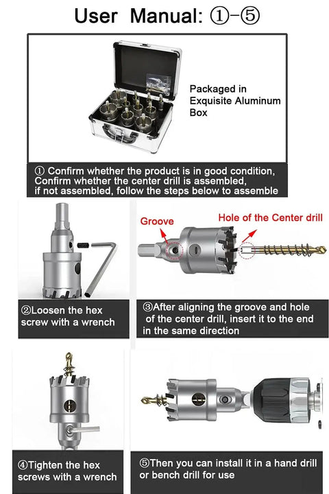 12-Piece Tungsten Carbide Tipped Hole Saw Kit with assembly instructions, showing aluminum case and components for metal and wood use.